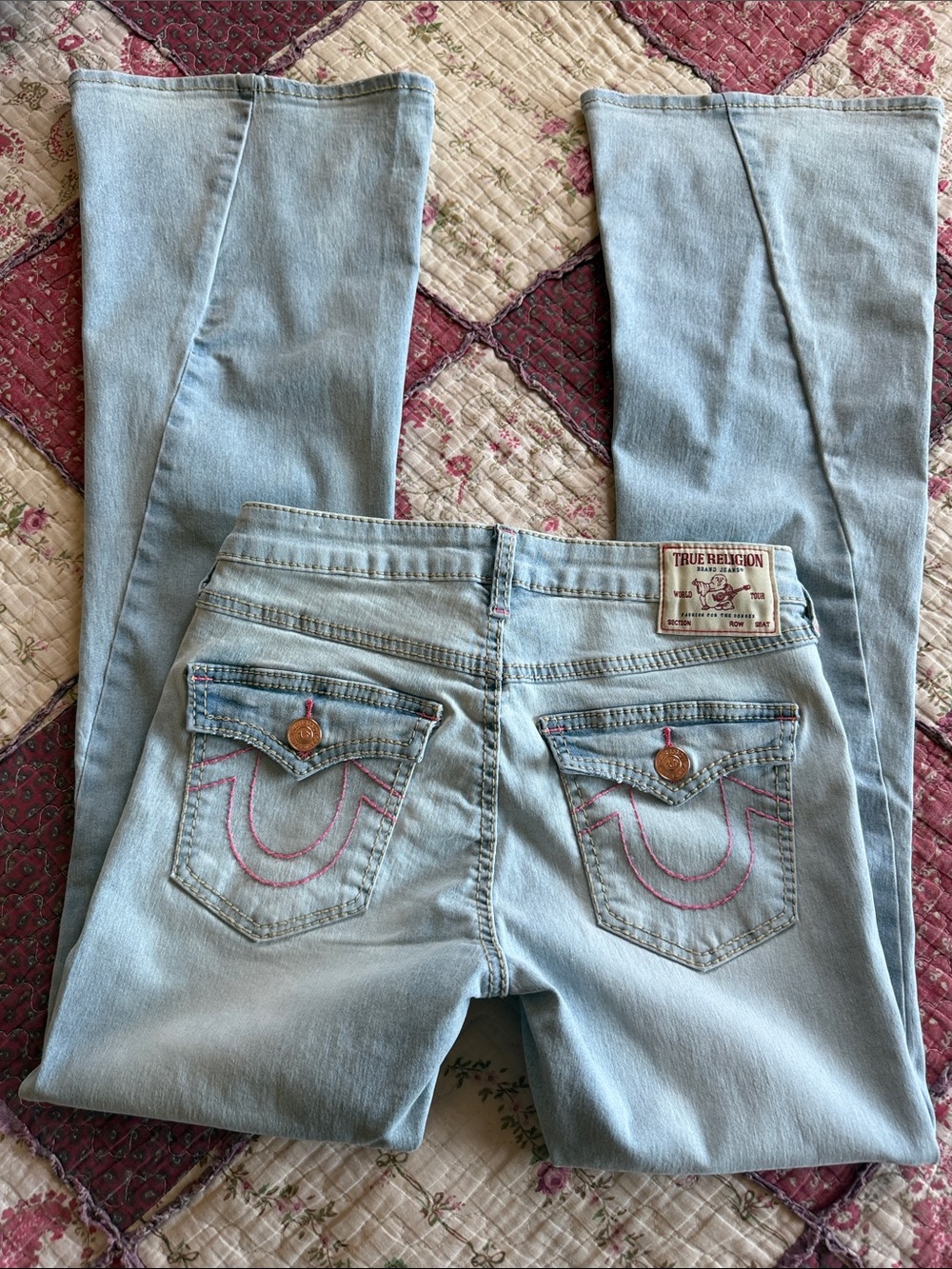 True religion Joey Mid Rise Big T Flare Jean with pink stitching  NWOT